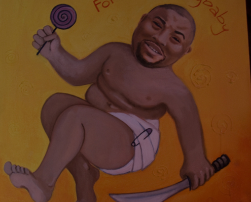 Caricatura di un uomo raffigurato come un neonato in pannolino, con un lecca-lecca e una lama ricurva, su fondo giallo con la scritta “For my Jellybaby”.